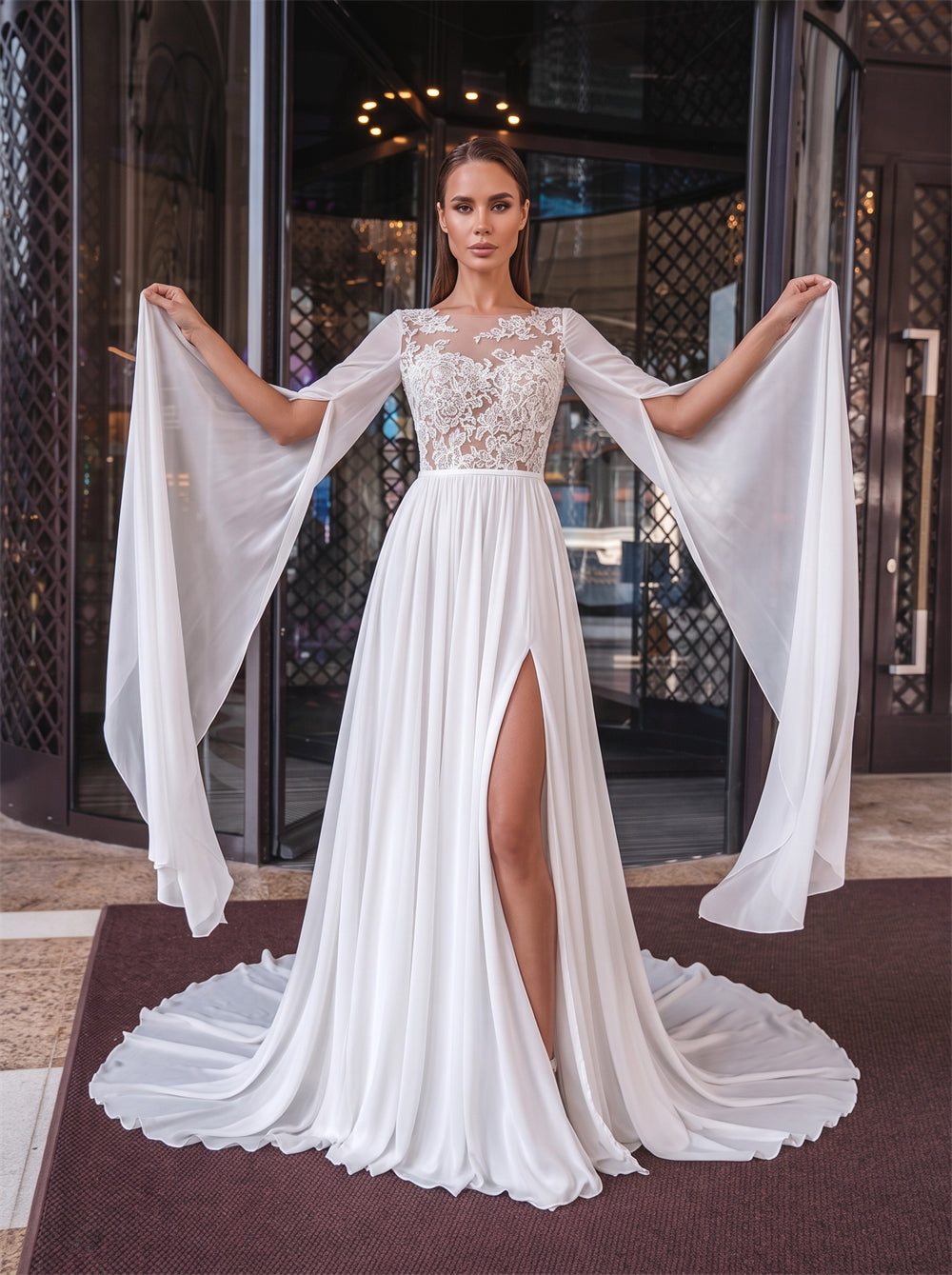 Illusion Boat Neck Lace Chiffon Wedding Dress Bell Long Sleeve High Slit V Back Sweep Train Bridal Dress