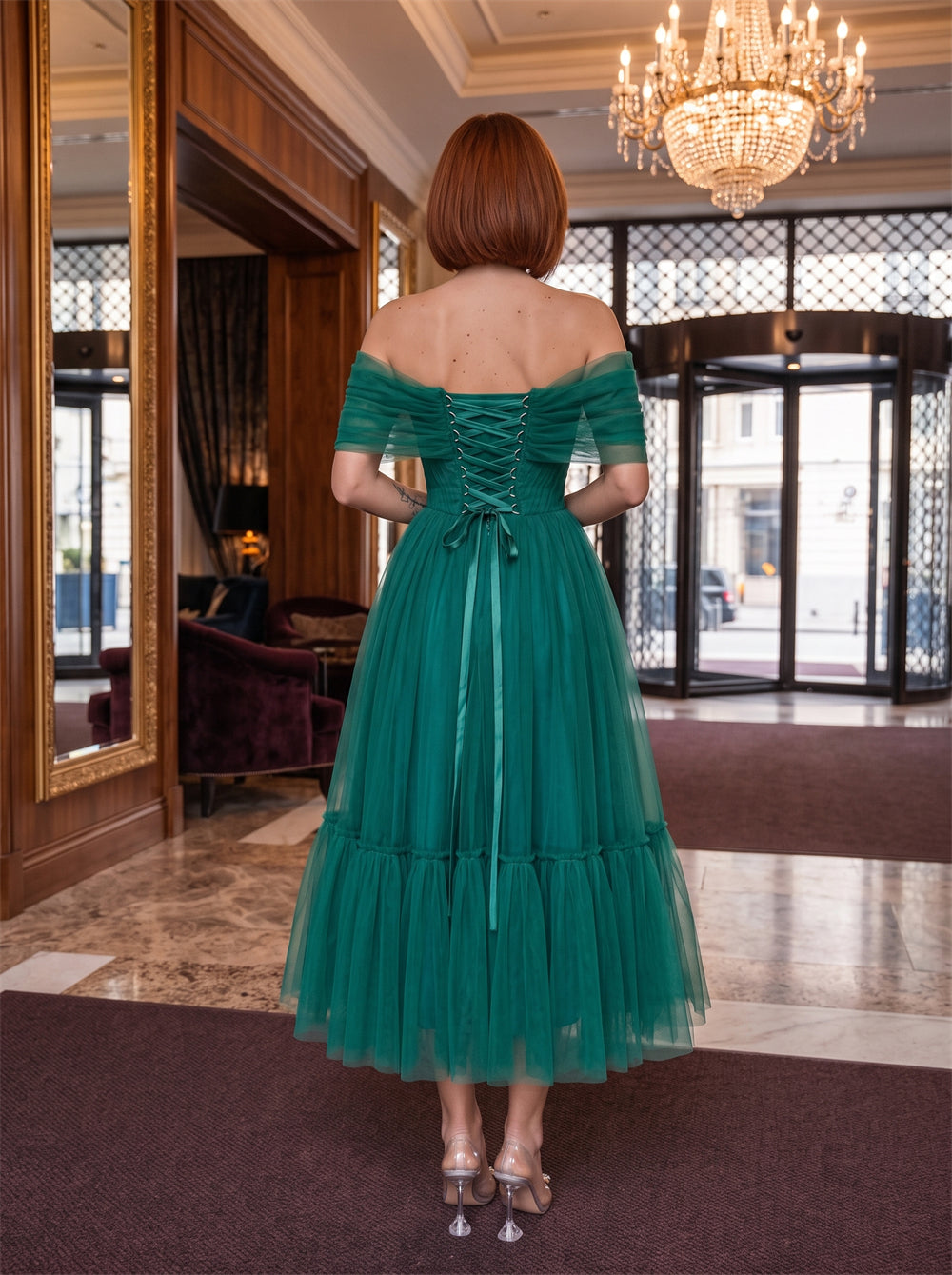 Off-The-Shoulder Emerald Green Tulle Formal Dress Pleated Bodice Corset Lace Up Back Tiered Ruffle Tea Length Midi Gown