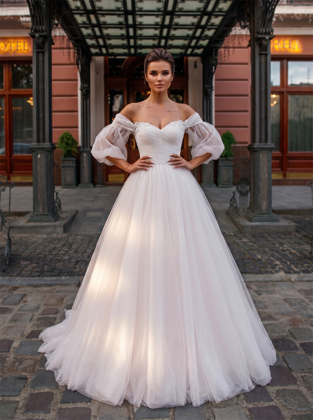 Off The Shoulder Puff Sleeve Ruched Tulle Ball Gown Wedding Dress Lace-Up Beaded Corset Back Wide Bridal Gown