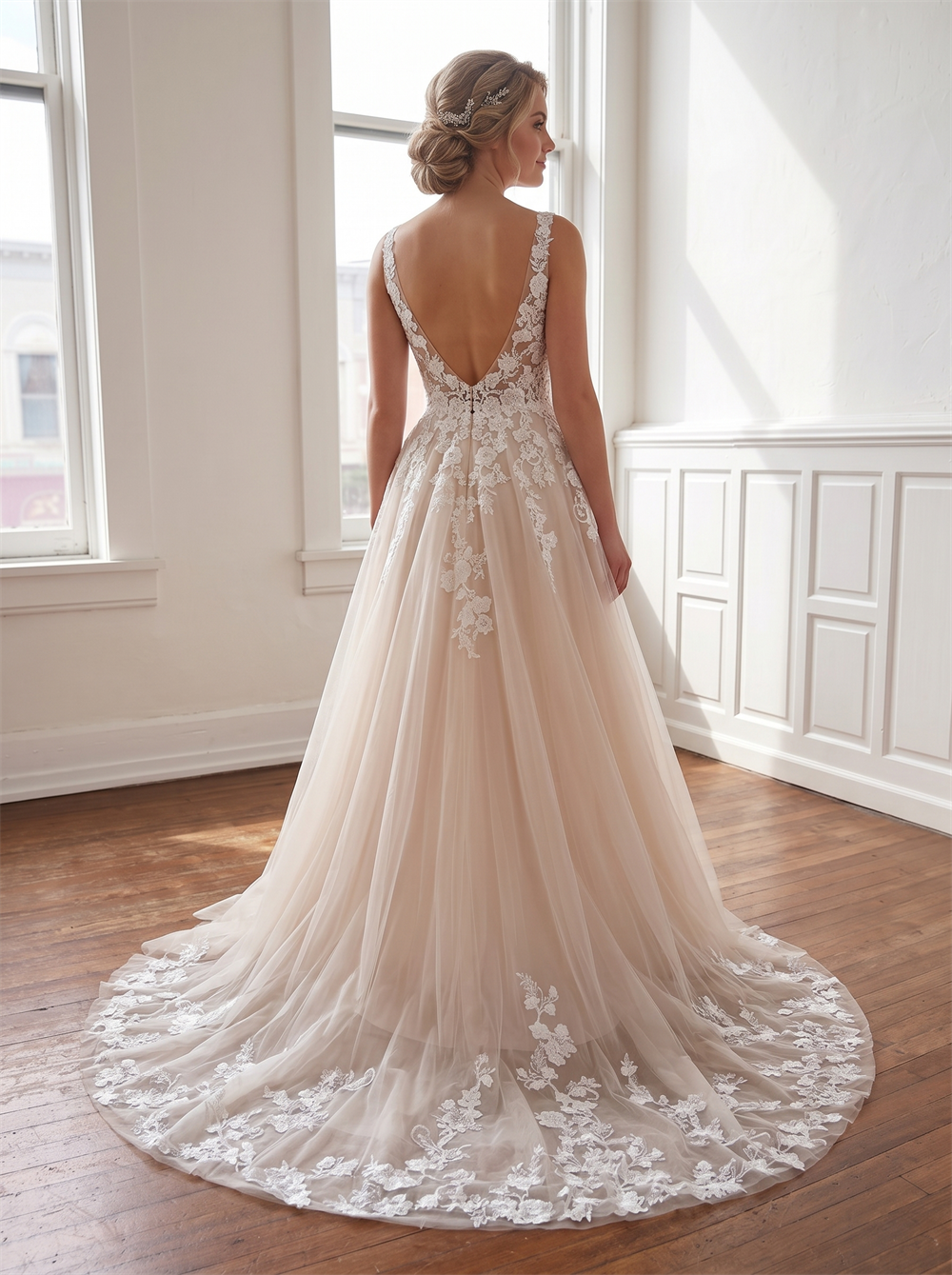 V Spaghetti Strap Floral Lace Champagne Tulle A Line Wedding Dress Low V Back Floral Lace Boho Bridal Gown