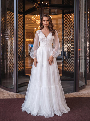 V Neck Puff Sleeve Lace Keyhole Back Tiered Glitter A Line Wedding Dress Bridal Dress