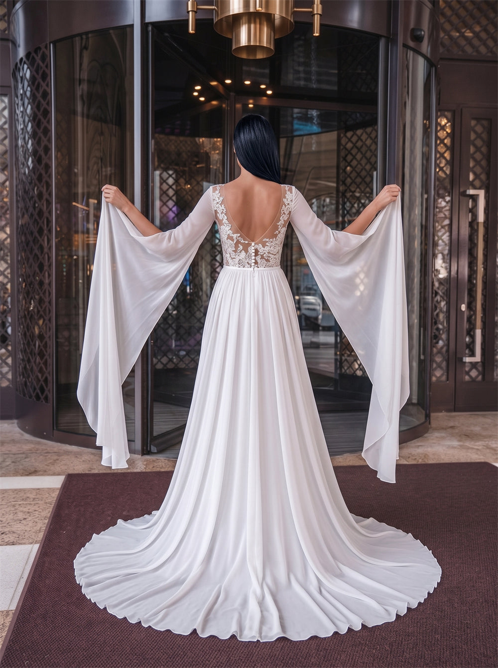 Illusion Boat Neck Lace Chiffon Wedding Dress Bell Long Sleeve High Slit V Back Sweep Train Bridal Dress