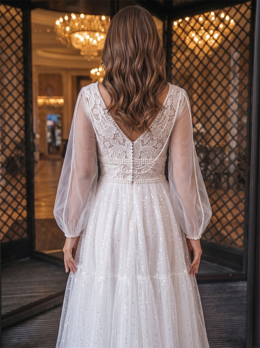 V Neck Puff Sleeve Lace Keyhole Back Tiered Glitter A Line Wedding Dress Bridal Dress