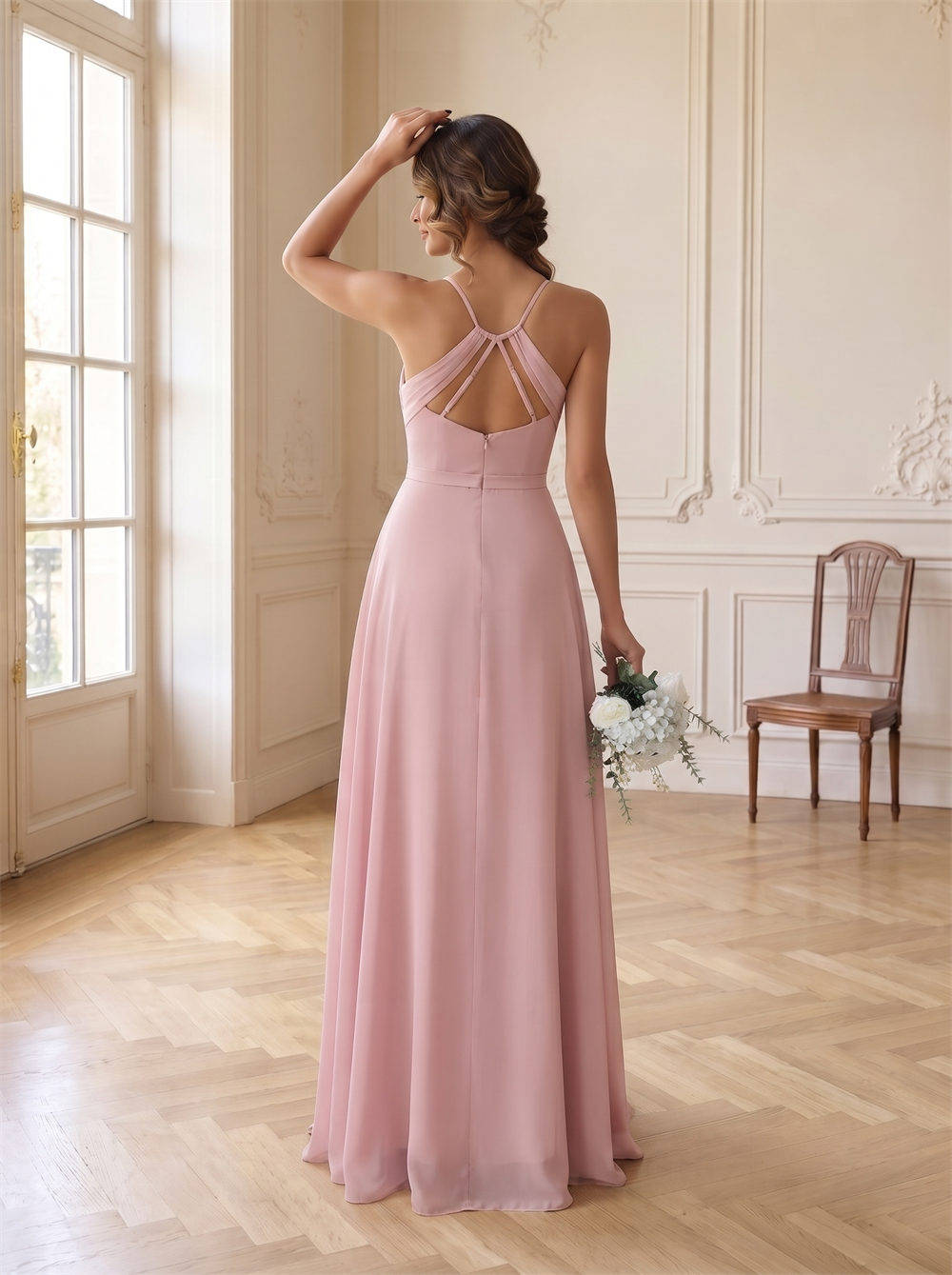 Spaghetti Strap Cowl Neck Sash Tie Waist Chiffon Bridesmaid Dress High Slit Multi Strappy Blush Pink Formal Wedding Guest Evening Gown
