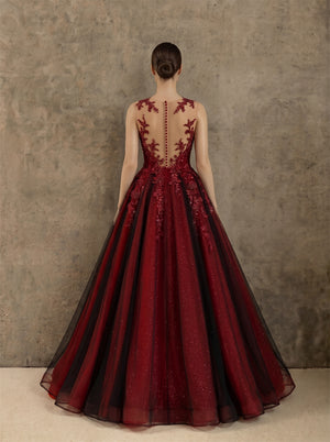 Illusion Neck Cap Sleeve Floral Lace Burgundy Glitter Tulle A Line Evening Gown