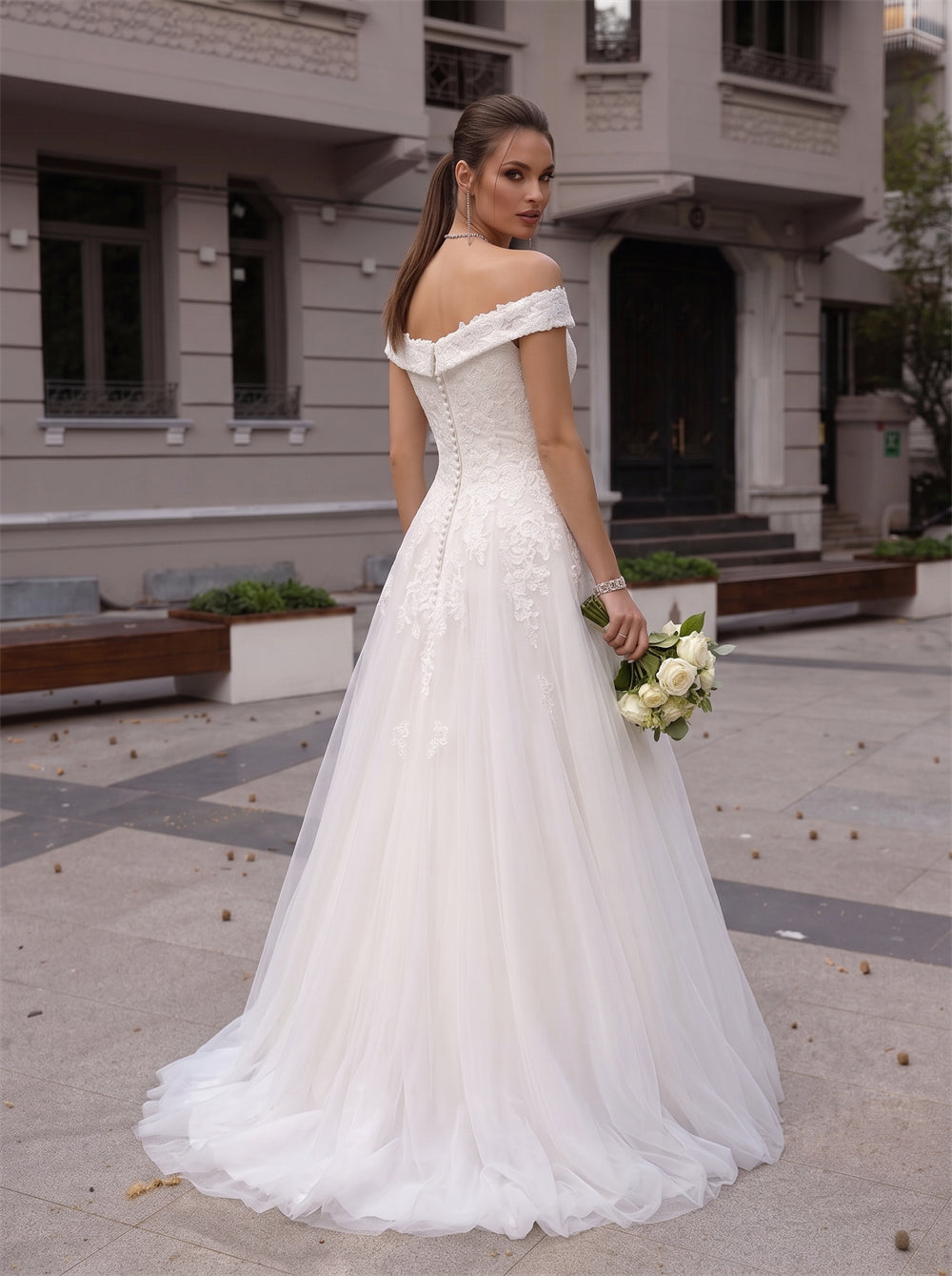 Off Shoulder Plus Size Floral Lace Tulle Wedding Dress Pearl Button Back A Line Sweep Train Bridal Dress