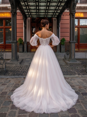 Off The Shoulder Puff Sleeve Ruched Tulle Ball Gown Wedding Dress Lace-Up Beaded Corset Back Wide Bridal Gown
