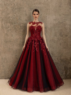 Illusion Neck Cap Sleeve Floral Lace Burgundy Glitter Tulle A Line Evening Gown