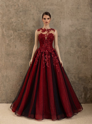 Illusion Neck Cap Sleeve Floral Lace Burgundy Glitter Tulle A Line Evening Gown