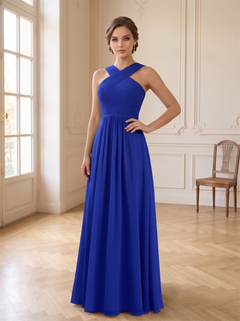 Cross Halter Pleated Chiffon Bridesmaid Dress Square Low Back Hidden Zipper Floor Length Royal Blue Formal Wedding Guest Evening Gown