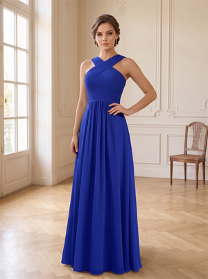 Cross Halter Pleated Chiffon Bridesmaid Dress Square Low Back Hidden Zipper Floor Length Royal Blue Formal Wedding Guest Evening Gown