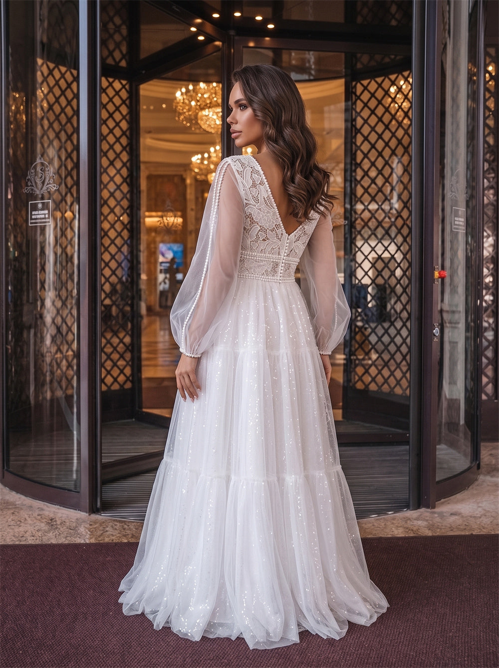 V Neck Puff Sleeve Lace Keyhole Back Tiered Glitter A Line Wedding Dress Bridal Dress