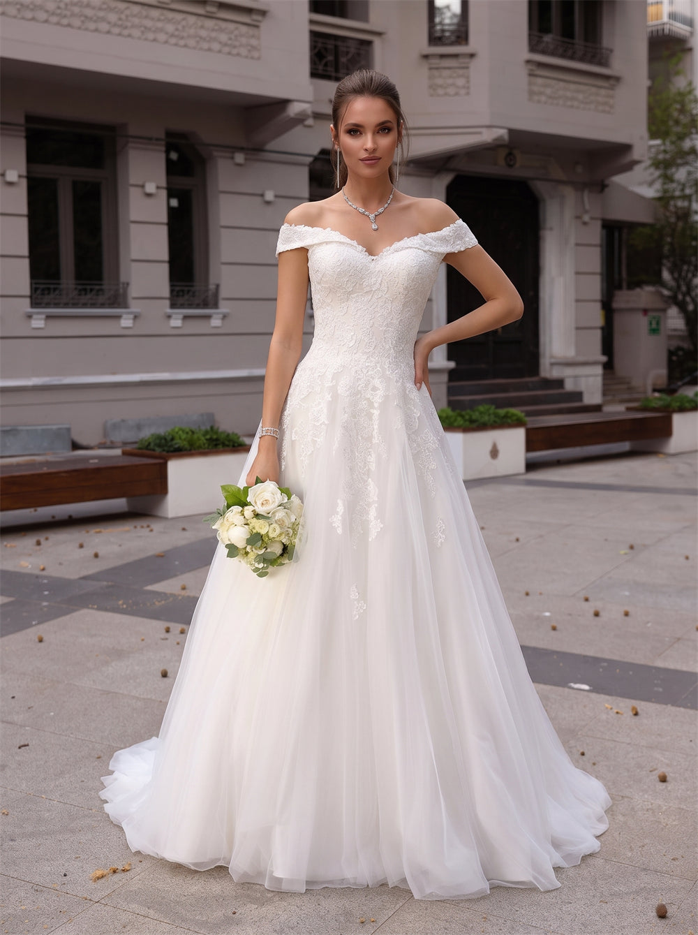 Off Shoulder Plus Size Floral Lace Tulle Wedding Dress Pearl Button Back A Line Sweep Train Bridal Dress