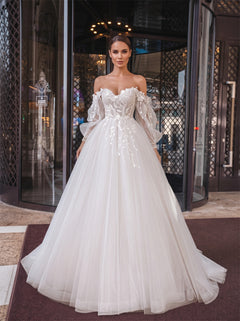Off Shoulder Puff Sleeve 3D Floral Lace Pearl Button Tulle Ball Gown Wedding Dress Bridal Dress