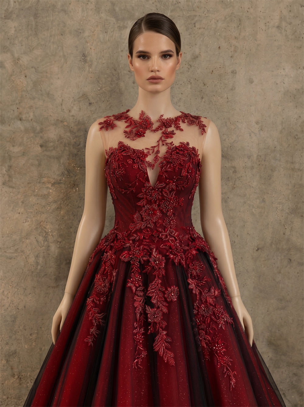 Illusion Neck Cap Sleeve Floral Lace Burgundy Glitter Tulle A Line Evening Gown