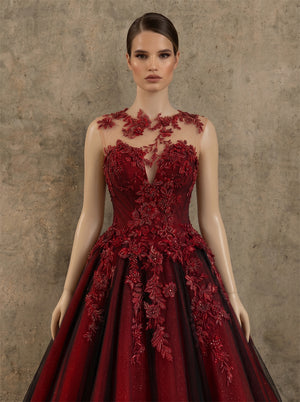 Illusion Neck Cap Sleeve Floral Lace Burgundy Glitter Tulle A Line Evening Gown