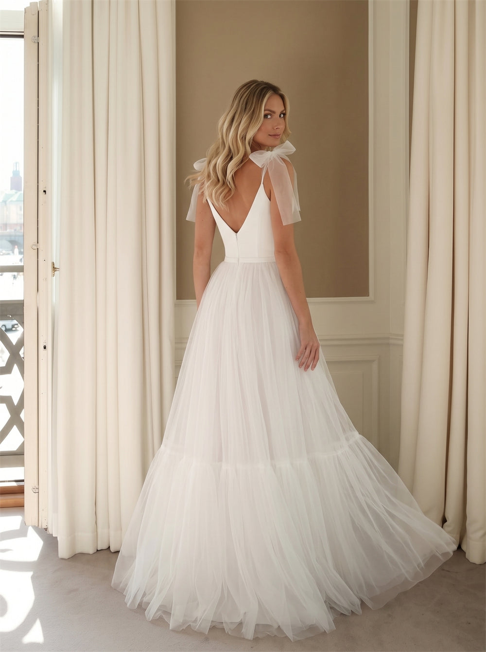 Wedding Dress Airy Tiered Tulle A Line Wedding Dress With Detachable Tulle Bow Shoulder Straps & Clean V Back