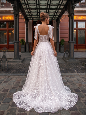 Spaghetti Strap Bow Tie Floral Lace Corset A Line Wedding Dress Square Back Cathedral Train Romantic Bridal Gown