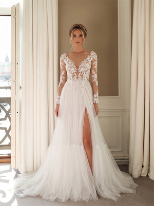 Wedding Dress Boho Tiered Tulle A Line Wedding Dress With Floral Lace Long Sleeves & Side High Slit