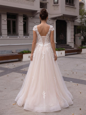 Cap Sleeve Illusion High Neck Floral Lace Champagne Tulle Wedding Dress V Back Corset A Line Train Bridal Dress