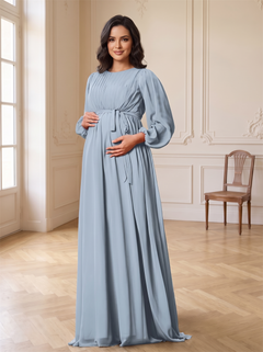 Long Bubble Sleeve Round Neck Pleated Chiffon Maternity Bridesmaid Dress Self Sash Tie Waist Dusty Blue Formal Baby Shower Wedding Guest Gown
