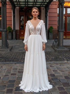Cold Shoulder Long Sleeve Lace Tiered Chiffon A Line Wedding Dress Deep V Back Soft Train Bohemian Bridal Gown