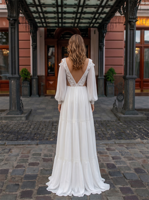 Cold Shoulder Long Sleeve Lace Tiered Chiffon A Line Wedding Dress Deep V Back Soft Train Bohemian Bridal Gown