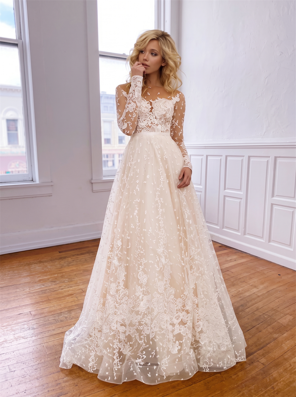 Illusion Boat Neck Long Sleeve Floral Lace Tulle A Line Wedding Dress Open Back All Over Lace Trim Bridal Gown