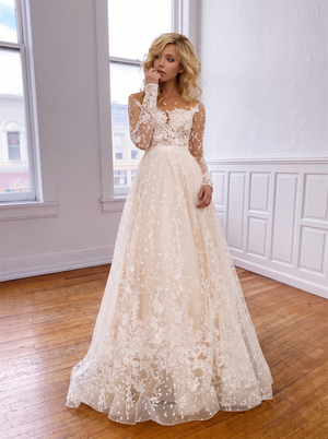Illusion Boat Neck Long Sleeve Floral Lace Tulle A Line Wedding Dress Open Back All Over Lace Trim Bridal Gown