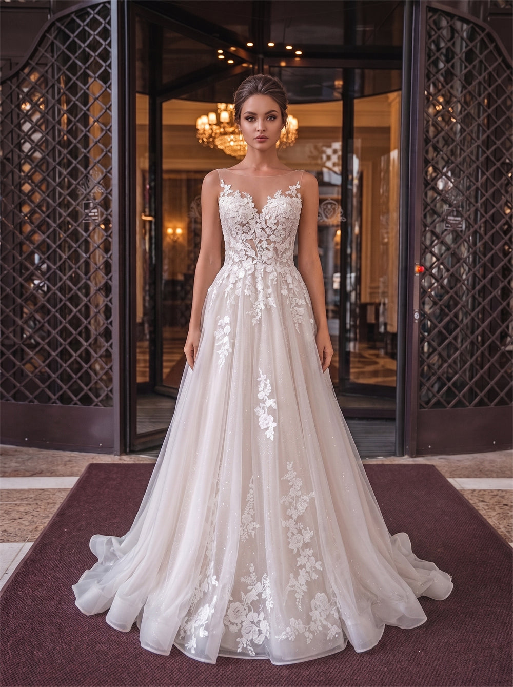 Sheer Illusion Neck Sleeveless Glitter Tulle Wedding Dress Floral Lace Deep V Back A Line Sweep Train Bridal Dress