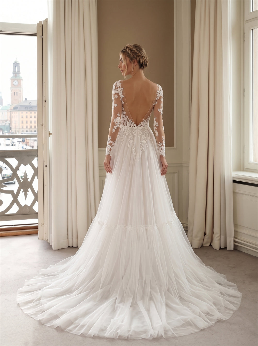 Wedding Dress Boho Tiered Tulle A Line Wedding Dress With Floral Lace Long Sleeves & Side High Slit