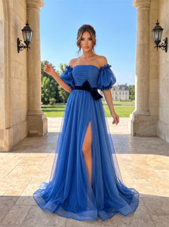 Off Shoulder Puff Sleeve Velvet Bow Slit Glitter Tulle A Line Evening Gown