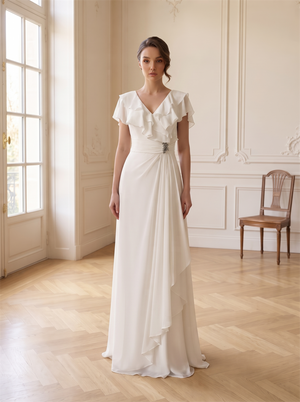 Ruffle V Neck Cap Sleeve Chiffon Bridesmaid Dress Rhinestone Ruched Waist Draped Asymmetrical Skirt Formal Wedding Evening Gown