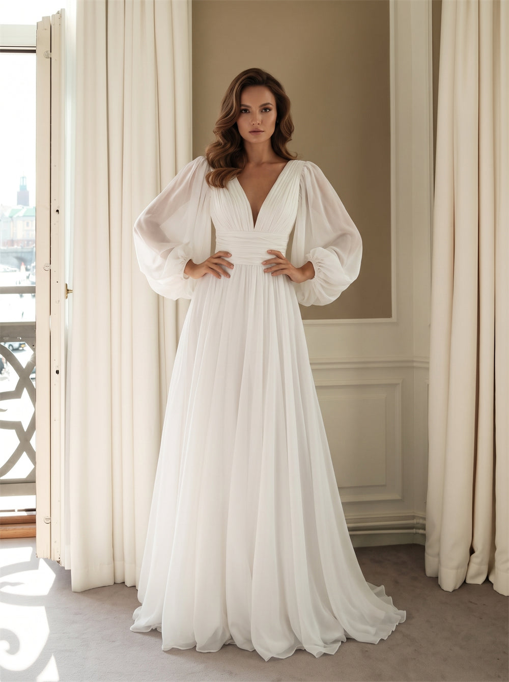 Wedding Dress Minimalist Flow Chiffon A Line Wedding Dress With Puff Balloon Sleeves & Self Tie Square Back