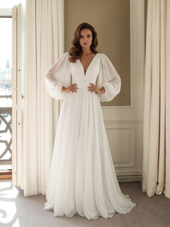 Wedding Dress Minimalist Flow Chiffon A Line Wedding Dress With Puff Balloon Sleeves & Self Tie Square Back