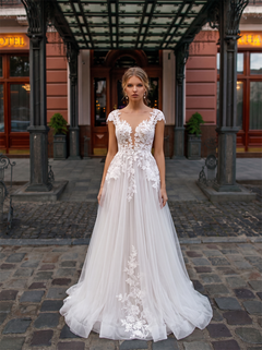 Cap Sleeve Illusion V Neck Floral Lace Tulle A Line Wedding Dress Low V Back Romantic Bridal Gown