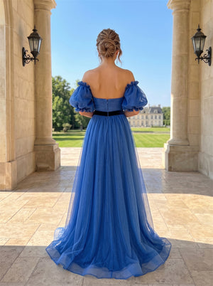 Off Shoulder Puff Sleeve Velvet Bow Slit Glitter Tulle A Line Evening Gown