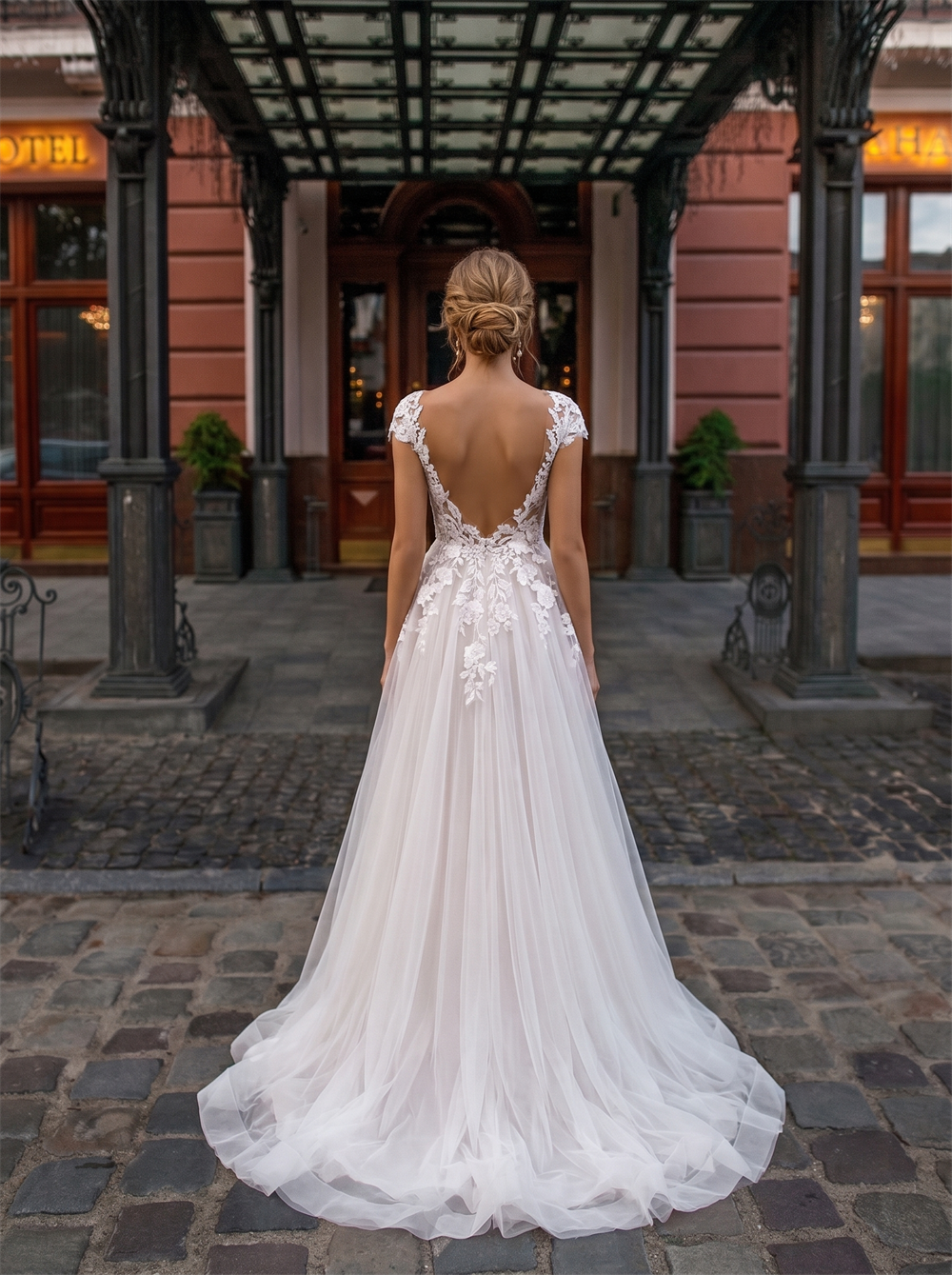 Cap Sleeve Illusion V Neck Floral Lace Tulle A Line Wedding Dress Low V Back Romantic Bridal Gown