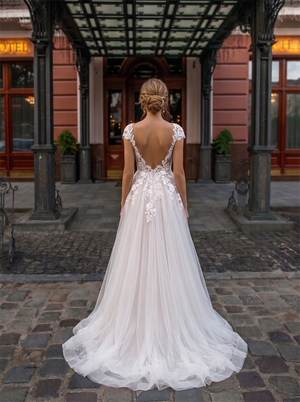 Cap Sleeve Illusion V Neck Floral Lace Tulle A Line Wedding Dress Low V Back Romantic Bridal Gown