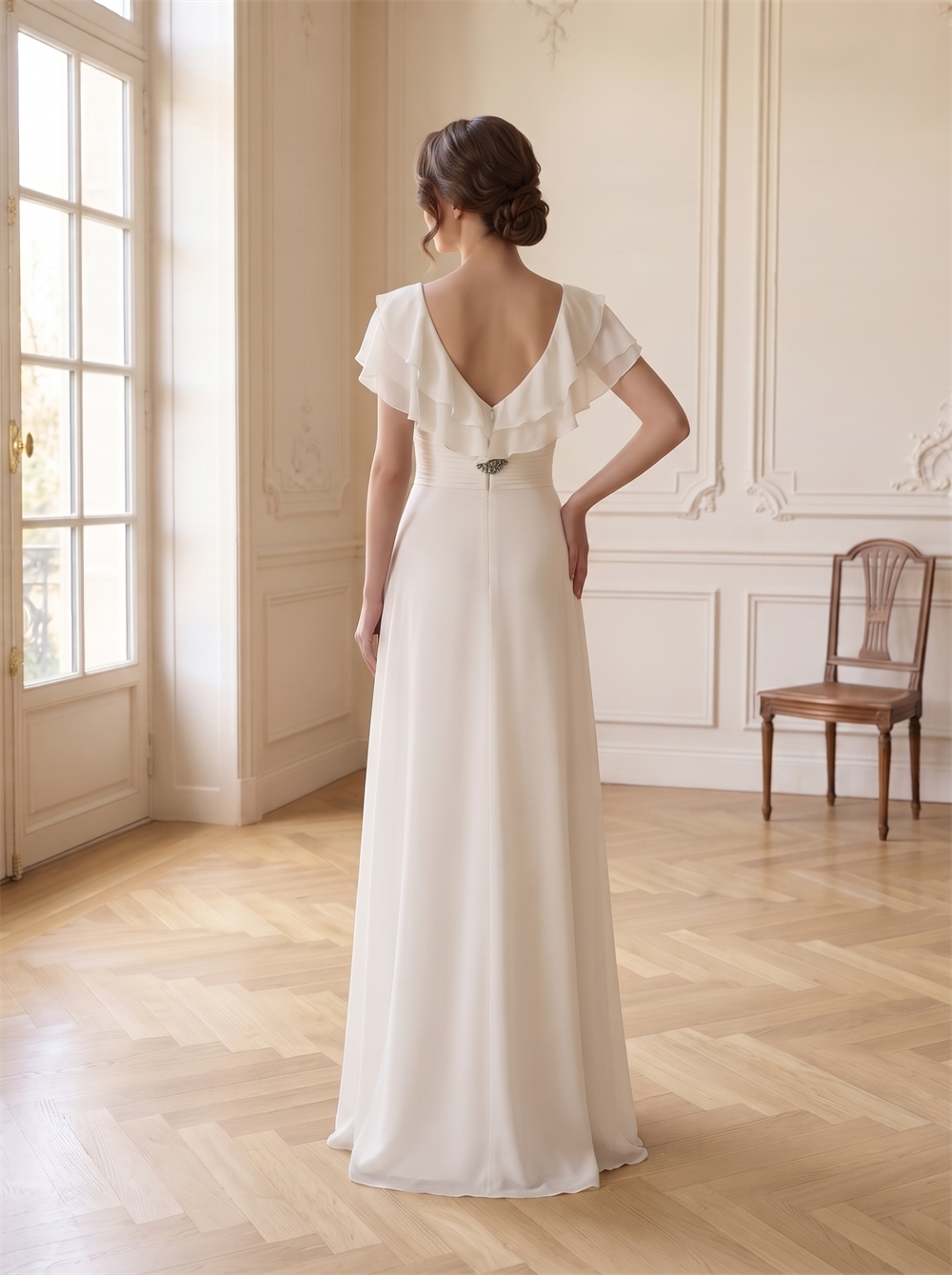Ruffle V Neck Cap Sleeve Chiffon Bridesmaid Dress Rhinestone Ruched Waist Draped Asymmetrical Skirt Formal Wedding Evening Gown