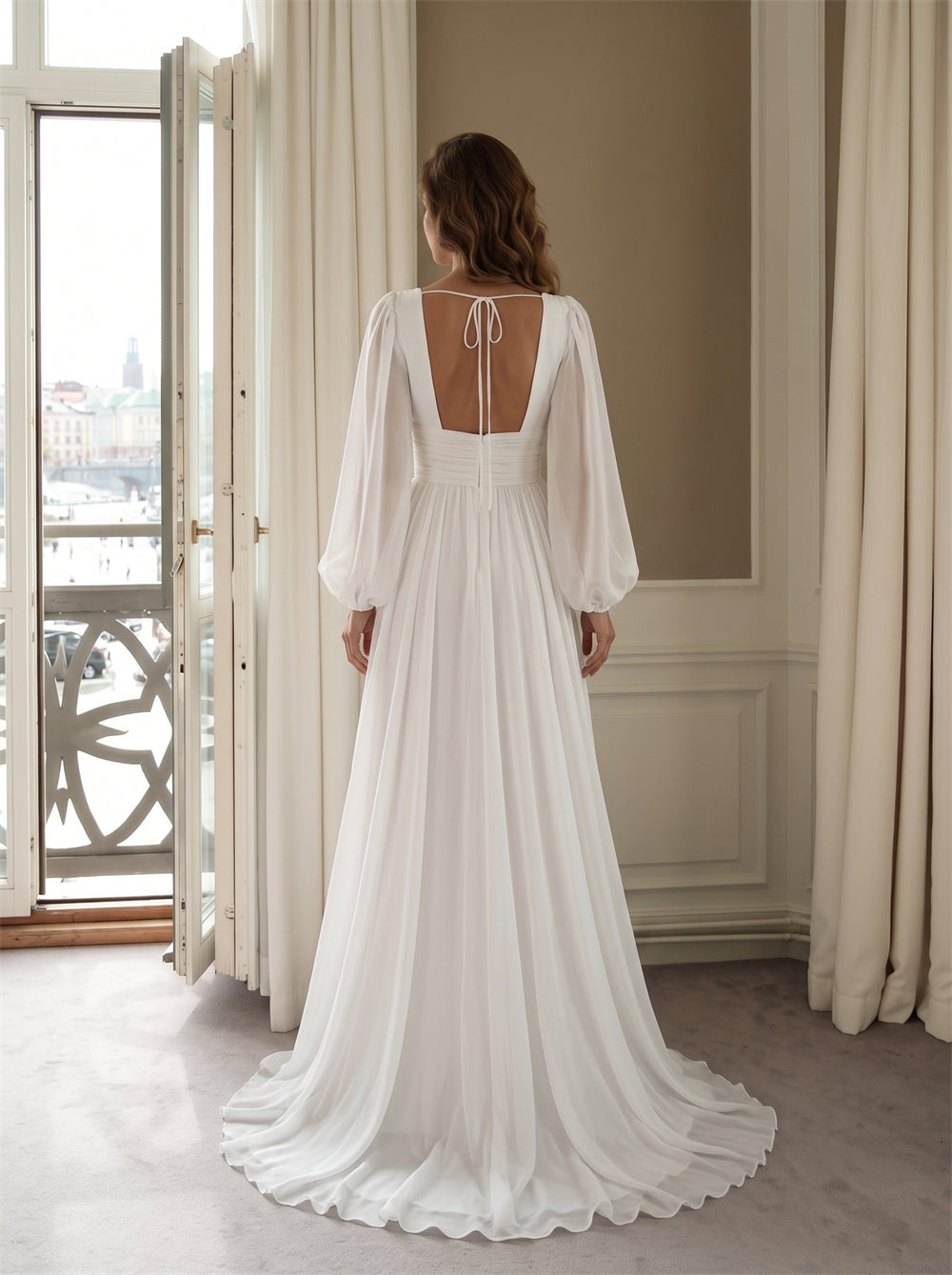 Wedding Dress Minimalist Flow Chiffon A Line Wedding Dress With Puff Balloon Sleeves & Self Tie Square Back