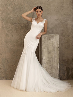 Jewel Neck Cap Sleeve Floral Lace Illusion Back Tulle Mermaid Wedding Dress Bridal Dress