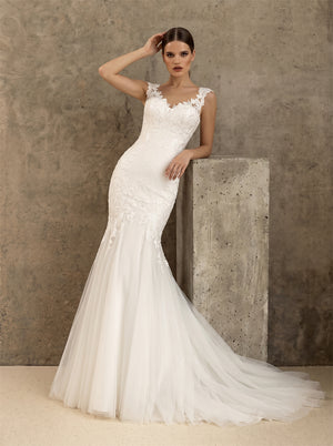 Jewel Neck Cap Sleeve Floral Lace Illusion Back Tulle Mermaid Wedding Dress Bridal Dress