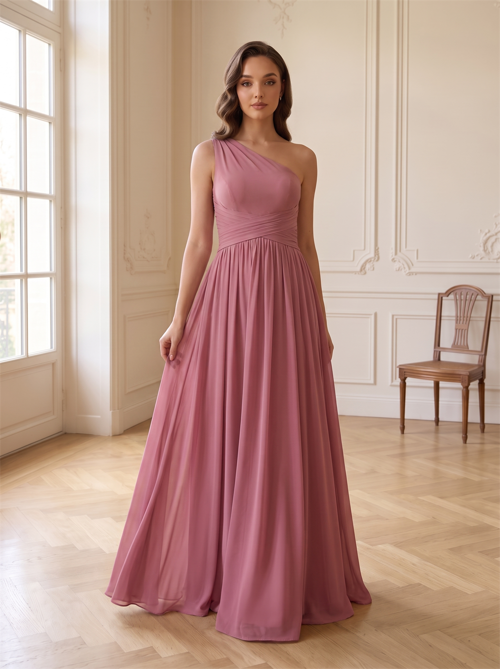 One Shoulder Cross Ruched Waist Chiffon Bridesmaid Dress Hidden Back Zipper Flowy A-Line Floor Length Dusty Mauve Formal Wedding Guest Evening Gown