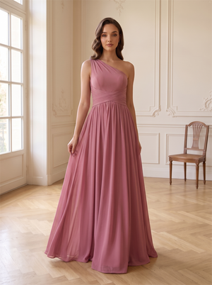 One Shoulder Cross Ruched Waist Chiffon Bridesmaid Dress Hidden Back Zipper Flowy A-Line Floor Length Dusty Mauve Formal Wedding Guest Evening Gown