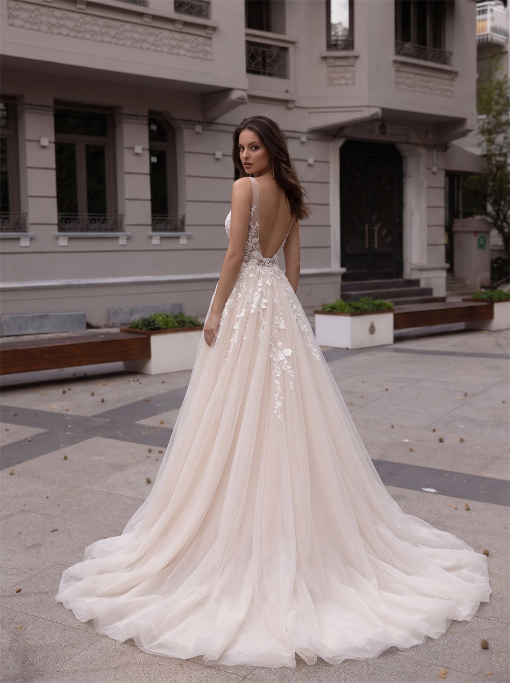 Spaghetti Strap Deep V Floral Lace Champagne Tulle Wedding Dress Low Open Back A Line Long Train Bridal Dress