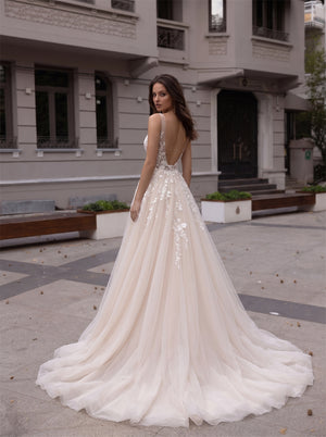 Spaghetti Strap Deep V Floral Lace Champagne Tulle Wedding Dress Low Open Back A Line Long Train Bridal Dress