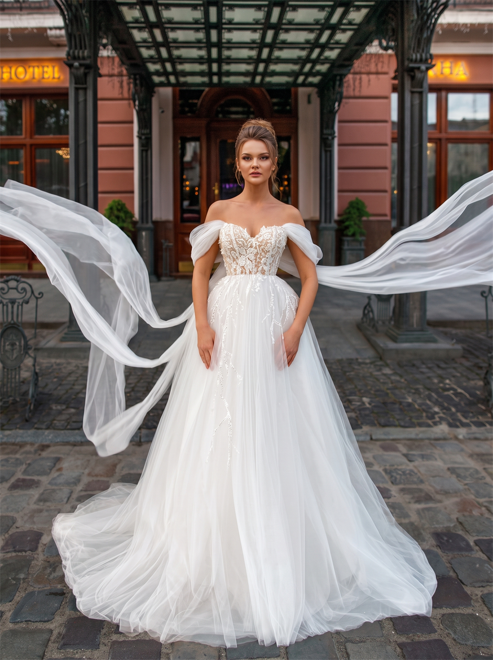 Off The Shoulder Flowy Ribbon Sleeve Beaded Lace Corset Tulle Ball Gown Wedding Dress Fairytale Bridal Gown