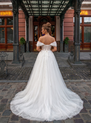 Off The Shoulder Flowy Ribbon Sleeve Beaded Lace Corset Tulle Ball Gown Wedding Dress Fairytale Bridal Gown