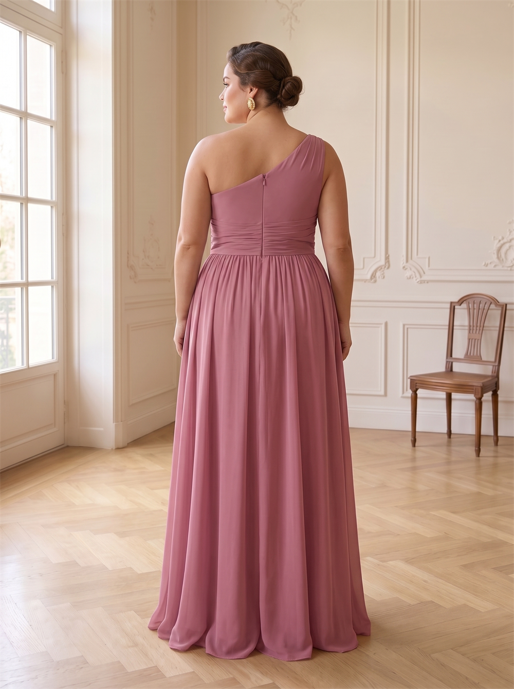 One Shoulder Cross Ruched Waist Chiffon Bridesmaid Dress Hidden Back Zipper Flowy A-Line Floor Length Dusty Mauve Formal Wedding Guest Evening Gown